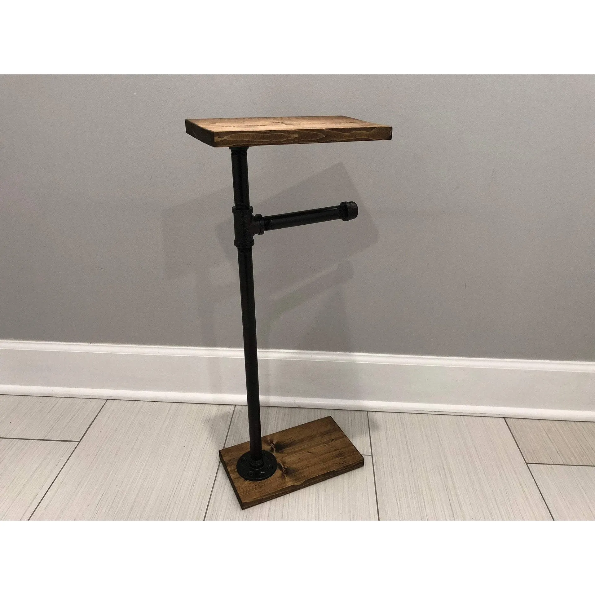 Metal Toilet Paper Holder Standing Toilet Paper Holder with Wooden Shelf