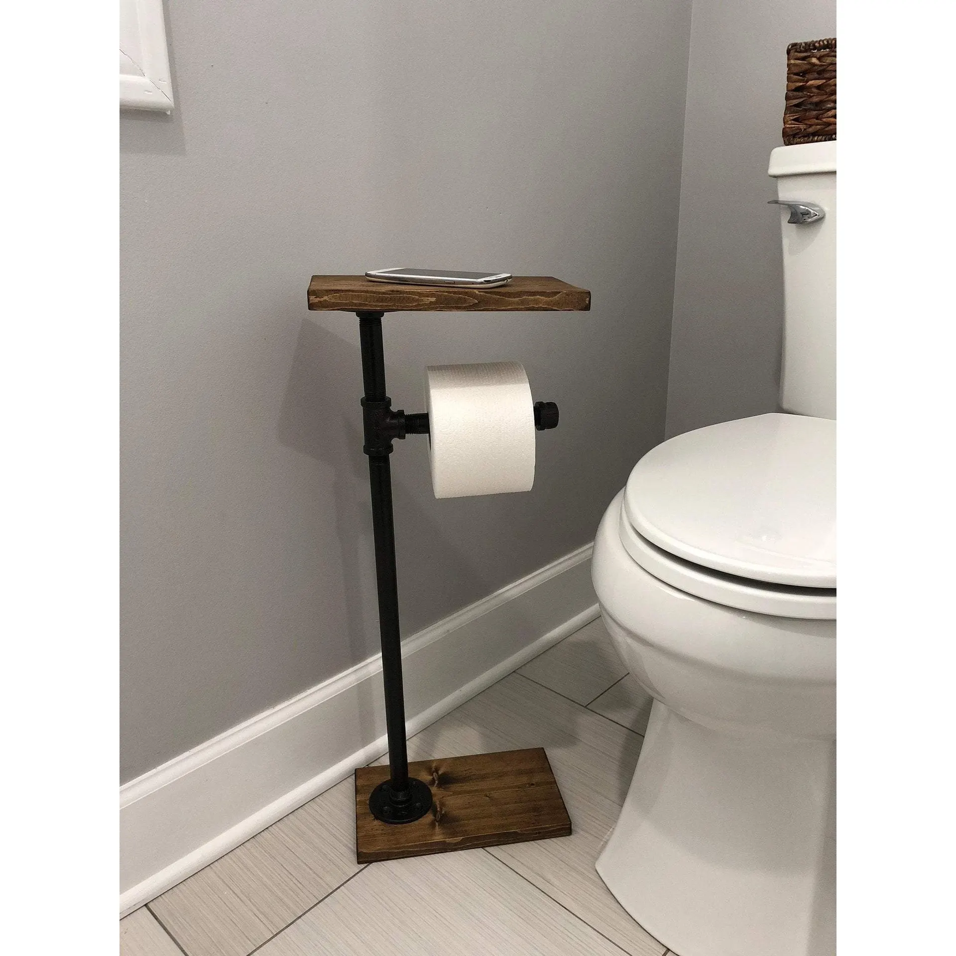 Metal Toilet Paper Holder Standing Toilet Paper Holder with Wooden Shelf